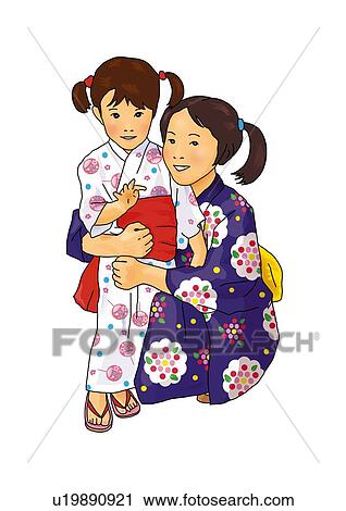 Clip Art - Portrait of Japanese girls in yukata, front view, white background, cut out. Fotosearch