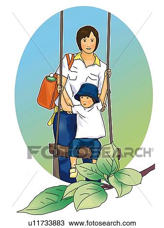 Portrait of Japanese mother and child, child on swing, front view, white background, cut out View Large Illustration Drawing - Portrait of Japanese mother and child, child on swing, front view, white background, cut out. Fotosearch