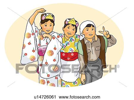 Clip Art - Portrait of three children in Yukata standing side by side, front view, white background, cut out. Fotosearch