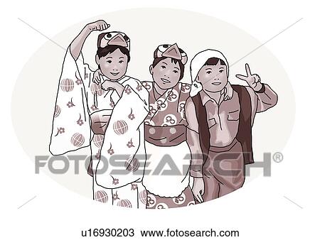 Drawing - Portrait of three children in Yukata standing side by side, front view, black and white, white background, cut out. Fotosearch