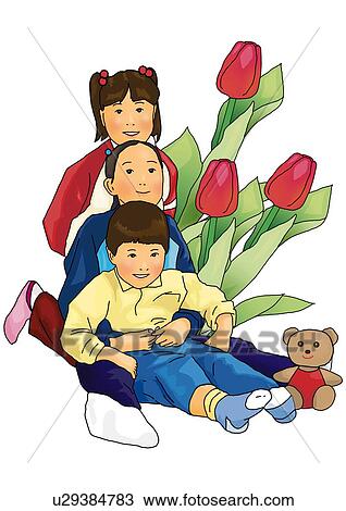 Portrait of three children leaning on each other, front view, white background, cut out View Large Illustration Drawing - Portrait of three children leaning on each other, front view, white background, cut out. Fotosearch