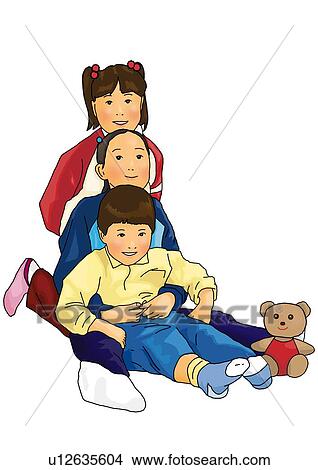 Stock Illustration - Portrait of three children leaning on each other, front view, white background, cut out. Fotosearch