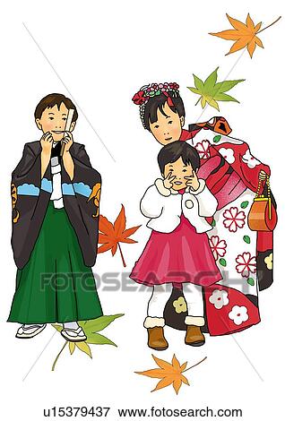 Stock Illustration - Portrait of three Japanese children, two wearing Kimono, front view, white background, cut out. Fotosearch