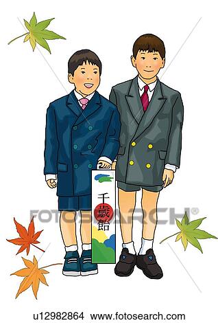 Stock Illustration - Portrait of two boys in formalwear, standing side by side, front view, white background, cut out. Fotosearch