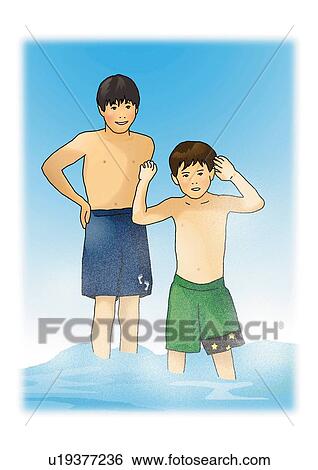 Stock Illustration - Portrait of two boys standing in water, front view. Fotosearch