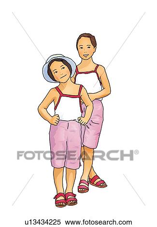 Stock Illustration - Portrait of two girls, front view, white background, cut out. Fotosearch