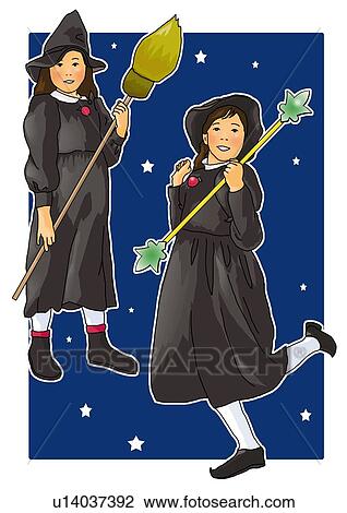Portrait of two girls in costume holding a broomstick and a stick, front view, side view, cut out View Large Illustration Drawing - Portrait of two girls in costume holding a broomstick and a stick, front view, side view, cut out. Fotosearch
