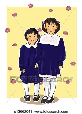 Portrait of two girls in formalwear, standing side by side, front view, white background, cut out View Large Illustration Clip Art - Portrait of two girls in formalwear, standing side by side, front view, white background, cut out. Fotosearch