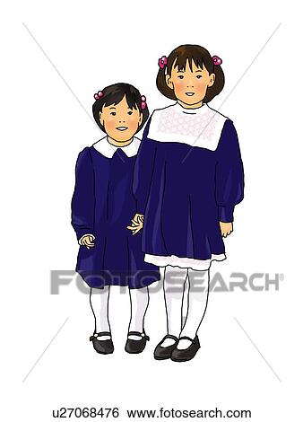 Stock Illustration - Portrait of two girls in formalwear, standing side by side, front view, white background, cut out. Fotosearch