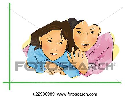 Stock Illustration - Portrait of two girls looking through the window, front view, white background, cut out. Fotosearch