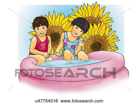 Stock Illustration - Portrait of two girls playing in wading pool, front view, white background, cut out. Fotosearch