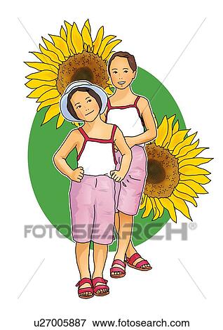 Stock Illustration - Portrait of two girls with sunflowers, front view, white background, cut out. Fotosearch