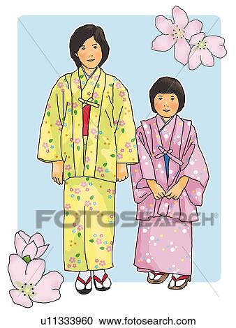 Clipart - Portrait of two Japanese girls in Kimono standing side by side, front view, blue background. Fotosearch