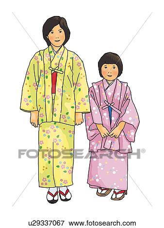 Stock Illustration - Portrait of two Japanese girls in Kimono standing side by side, front view, white background, cut out. Fotosearch