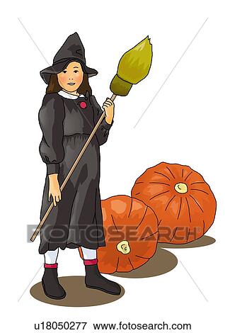 Pumpkins and a girl in costume holding a broomstick, front view, white background, cut out View Large Illustration Stock Illustration - Pumpkins and a girl in costume holding a broomstick, front view, white background, cut out. Fotosearch
