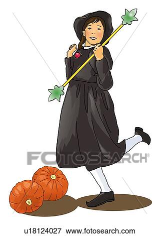 Stock Illustration - Pumpkins and a girl in costume holding a stick, side view, white background, cut out. Fotosearch