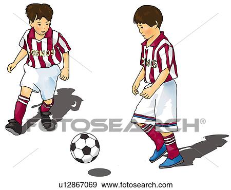 Stock Illustration - Two boys playing soccer, front view, side view, white background, cut out. Fotosearch