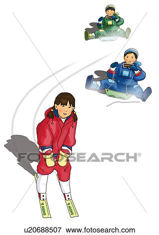 Stock Illustration - Two boys riding on sleds and a girl skiing, front view, white background, cut out. Fotosearch