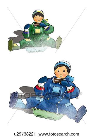 Two boys riding on sleds, front view, white background, cut out View Large Illustration Clip Art - Two boys riding on sleds, front view, white background, cut out. Fotosearch