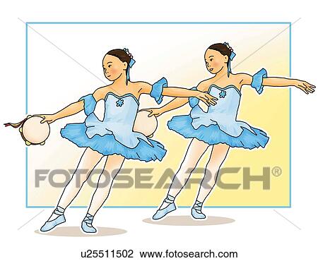 Drawing - Two girls holding tambourines and dancing ballet, front view, white background, cut out. Fotosearch