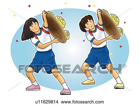 Stock Illustration - Two girls in gym clothes dancing and holding bamboo hats decorated with flowers, front view, white background, cut out. Fotosearch