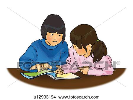 Stock Illustration - Two girls reading a book at table, front view, side view, white background, cut out. Fotosearch
