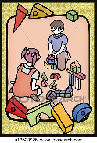 Stock Illustration - A boy and a girl building blocks, front view, rear view. Fotosearch
