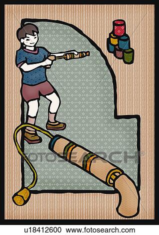 Clipart - Boy holding bamboo toy gun, front view. Fotosearch