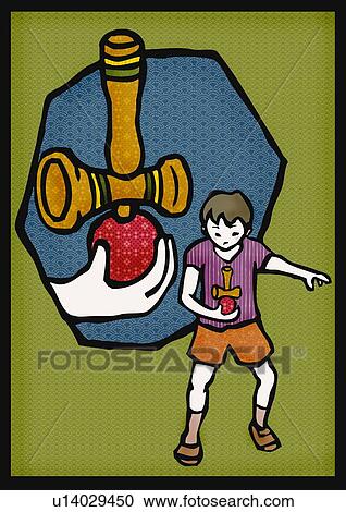Boy holding Kendama, front view View Large Illustration Clipart - Boy holding Kendama, front view. Fotosearch