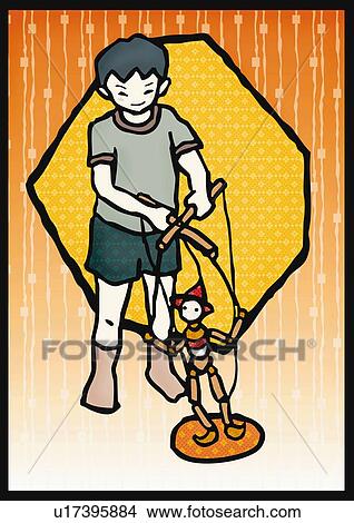 Stock Illustration - Boy playing a marionette, front view. Fotosearch