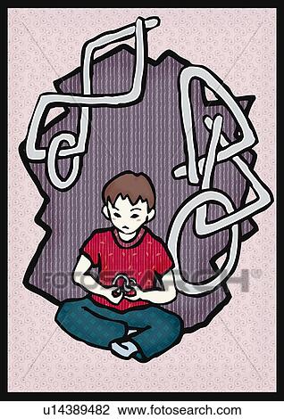 Drawing - Boy playing puzzle, front view. Fotosearch