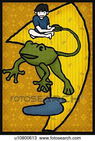 Drawing - Boy playing with frog-shaped toy, front view. Fotosearch