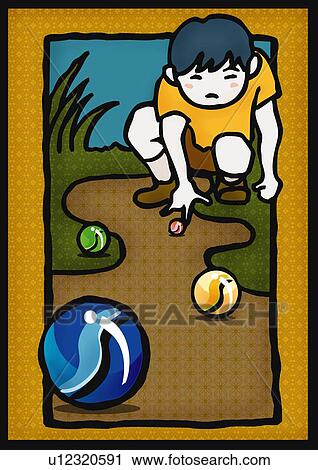 Boy playing with marbles, front view View Large Illustration Clip Art - Boy playing with marbles, front view. Fotosearch