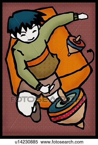 Boy playing with spinning tops, front view View Large Illustration Stock Illustration - Boy playing with spinning tops, front view. Fotosearch