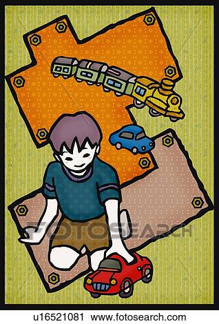 Clip Art - Boy playing with tin toys, front view. Fotosearch