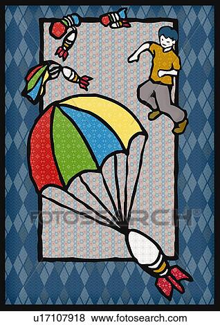 Stock Illustration - Boy playing with toy parachutes, front view. Fotosearch