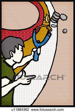 Drawing - Boy shooting slingshot, side view. Fotosearch