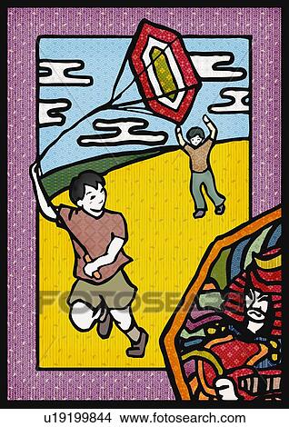 Boys flying a kite in the field, front view View Large Illustration Stock Illustration - Boys flying a kite in the field, front view. Fotosearch