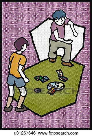 Stock Illustration - Boys playing Japanese cards, high angle view. Fotosearch