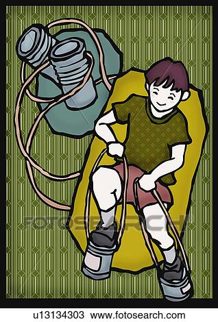 Boys playing with can stilts, front view View Large Illustration Drawing - Boys playing with can stilts, front view. Fotosearch