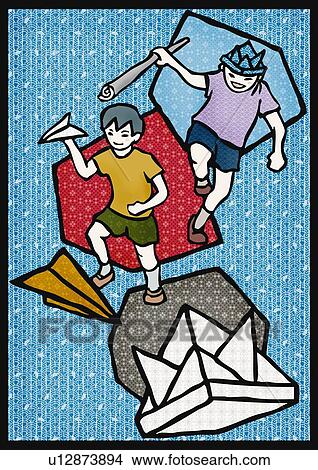 Boys playing with Origami papers, front view View Large Illustration Stock Illustration - Boys playing with Origami papers, front view. Fotosearch