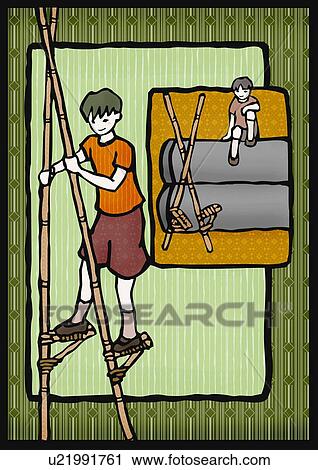 Clip Art - Boys playing with stilts, front view. Fotosearch