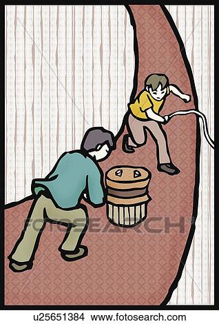 Stock Illustration - Boys playing with tiny iron spinning tops, clashing each other, front view, rear view. Fotosearch