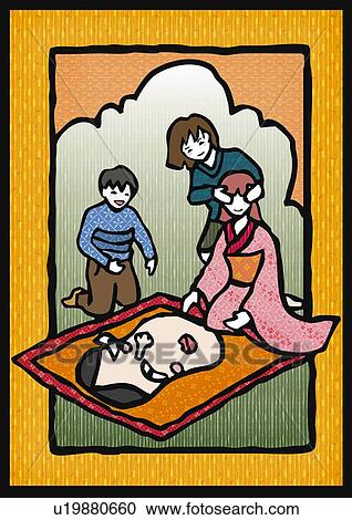Clipart - Children playing Fukuwarai, front view. Fotosearch