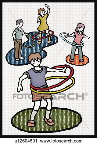 Children playing with hula hoops, front view View Large Illustration Clip Art - Children playing with hula hoops, front view. Fotosearch