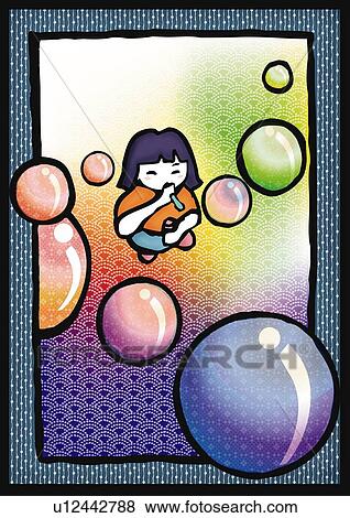 Stock Illustration - Girl blowing soap bubbles, high angle view. Fotosearch