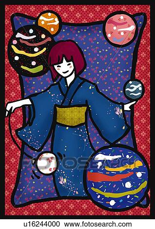 Clipart - Girl in Yukata holding a water balloons, front view. Fotosearch