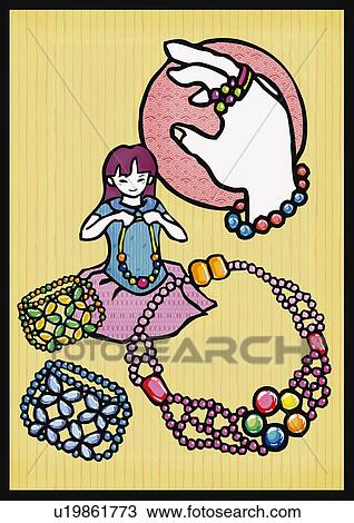 Girl making beaded jewelry, front view View Large Illustration Drawing - Girl making beaded jewelry, front view. Fotosearch