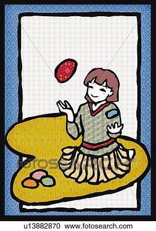Clipart - Girl playing Japanese bean bags (Otedama), juggling, front view. Fotosearch