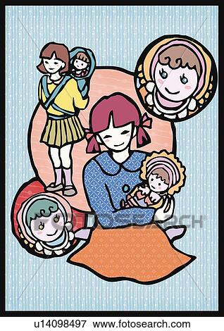Girls holding dolls, front view View Large Illustration Stock Illustration - Girls holding dolls, front view. Fotosearch